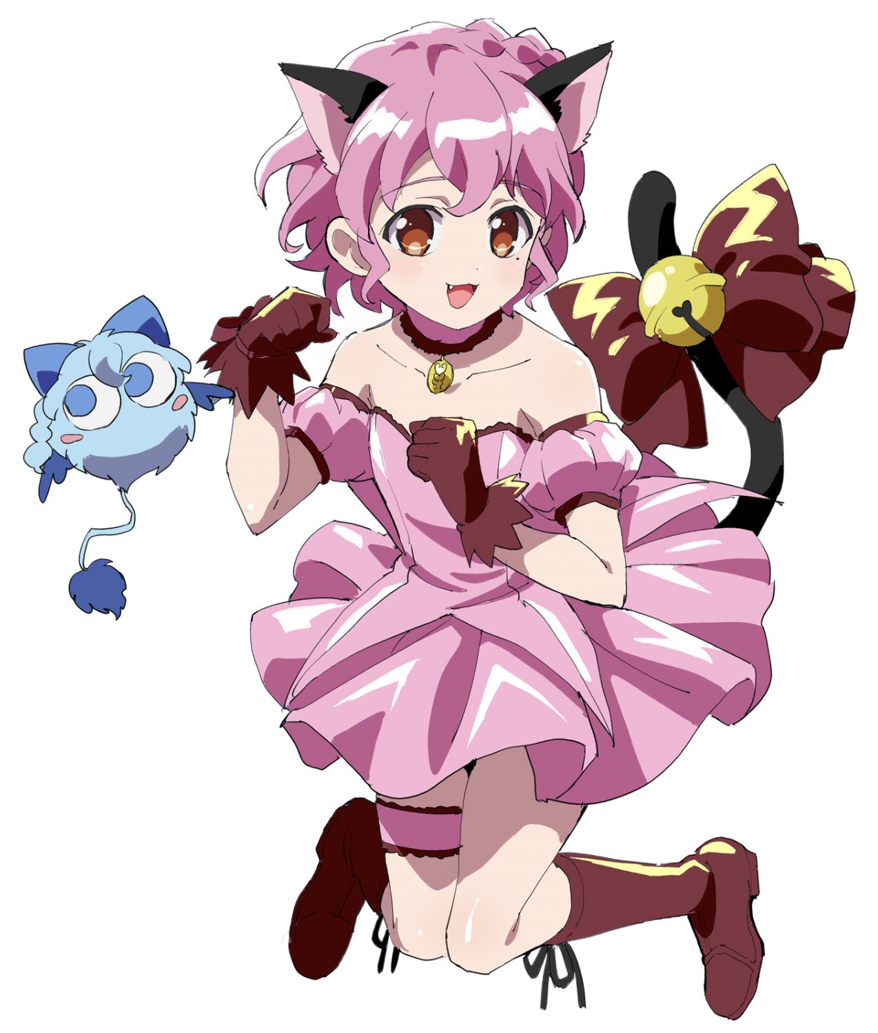 1boy :d animal_ears bare_shoulders bell blue_eyes blue_hair boots bow brown_eyes cat_ears cat_tail choker commentary_request cosplay creature crossdressing detached_sleeves dorothy_west dress edamame_(buruburu) fang full_body fur_choker gloves hands_up highres jingle_bell kneeling looking_at_viewer male_focus masha_(tokyo_mew_mew) masha_(tokyo_mew_mew)_(cosplay) mew_ichigo mew_ichigo_(cosplay) mole mole_under_eye open_mouth otoko_no_ko paw_pose pink_dress pink_hair pretty_(series) pripara puffy_detached_sleeves puffy_sleeves red_choker red_footwear red_gloves reona_west short_hair simple_background smile strapless strapless_dress tail tail_bell tail_bow tail_ornament thigh_strap tokyo_mew_mew white_background