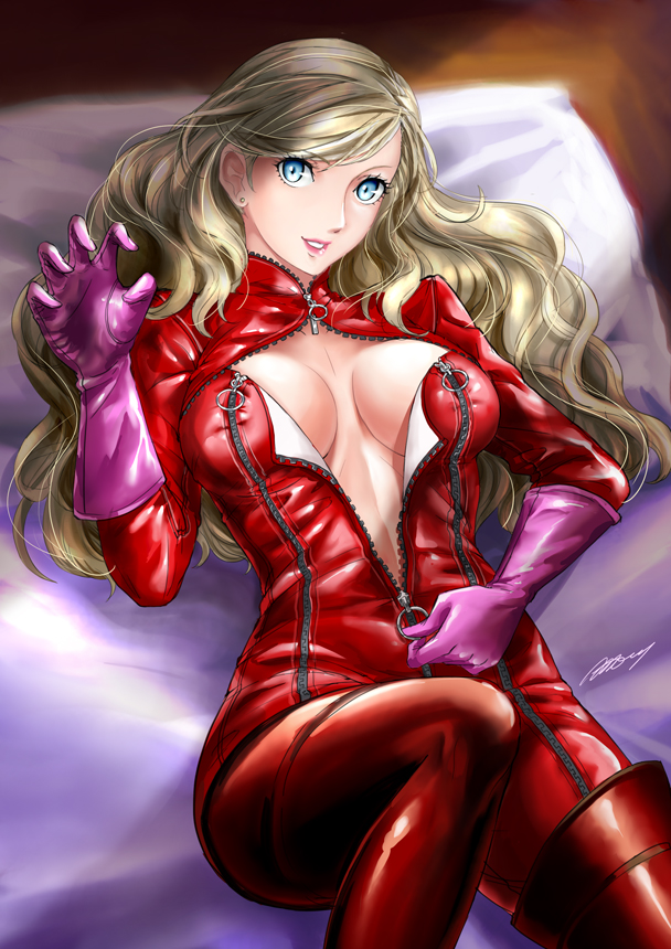 1girl albyee blonde_hair blue_eyes bodysuit breasts claw_pose commission english_commentary gloves hair_down hair_ornament hairclip hand_up long_hair lying medium_breasts on_back parted_lips persona persona_5 pink_gloves red_bodysuit simple_background solo takamaki_anne unzipping wavy_hair white_background zipper zipper_pull_tab