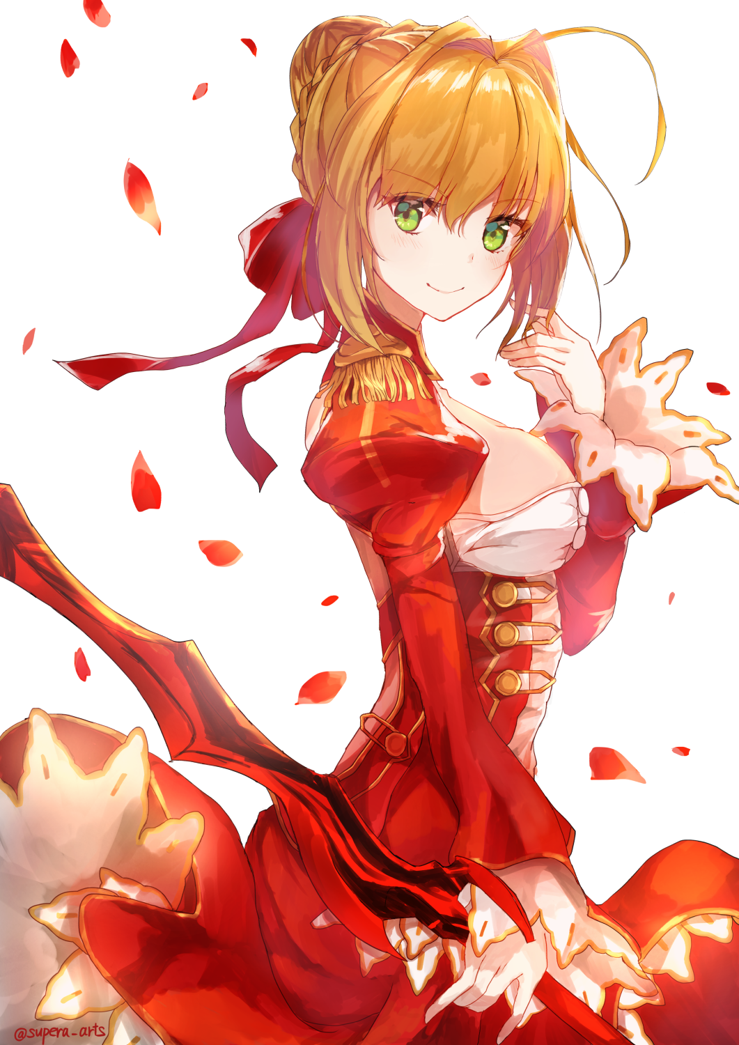 1girl aestus_estus ahoge blonde_hair bow braid epaulettes fate/extra fate/grand_order fate_(series) french_braid hair_bow hair_intakes highres looking_at_viewer nero_claudius_(fate) nero_claudius_(fate/extra) petals puffy_sleeves red_bow smile solo supera sword weapon white_background wide_sleeves wind