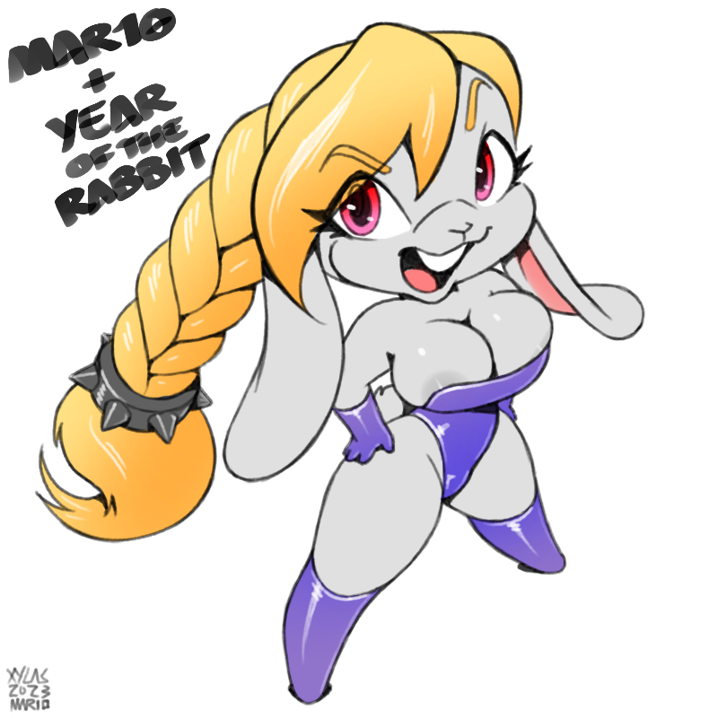 2023 anthro areola areola_slip black_eyelashes black_pupils blonde_hair breasts broodal buckteeth cleavage cleavage_overflow clothed clothing ears_down english_text eyelashes female fur glistening glistening_eyes grey_areola grey_body grey_fur grey_nipples hair hariet_(mario) lagomorph leporid long_ears long_hair mammal mario_bros nintendo nipples open_mouth open_smile pink_eyes pink_tongue pivoted_ears pupils purple_clothing rabbit simple_background smile solo standing super_mario_odyssey teeth teeth_showing text tongue white_background xylas