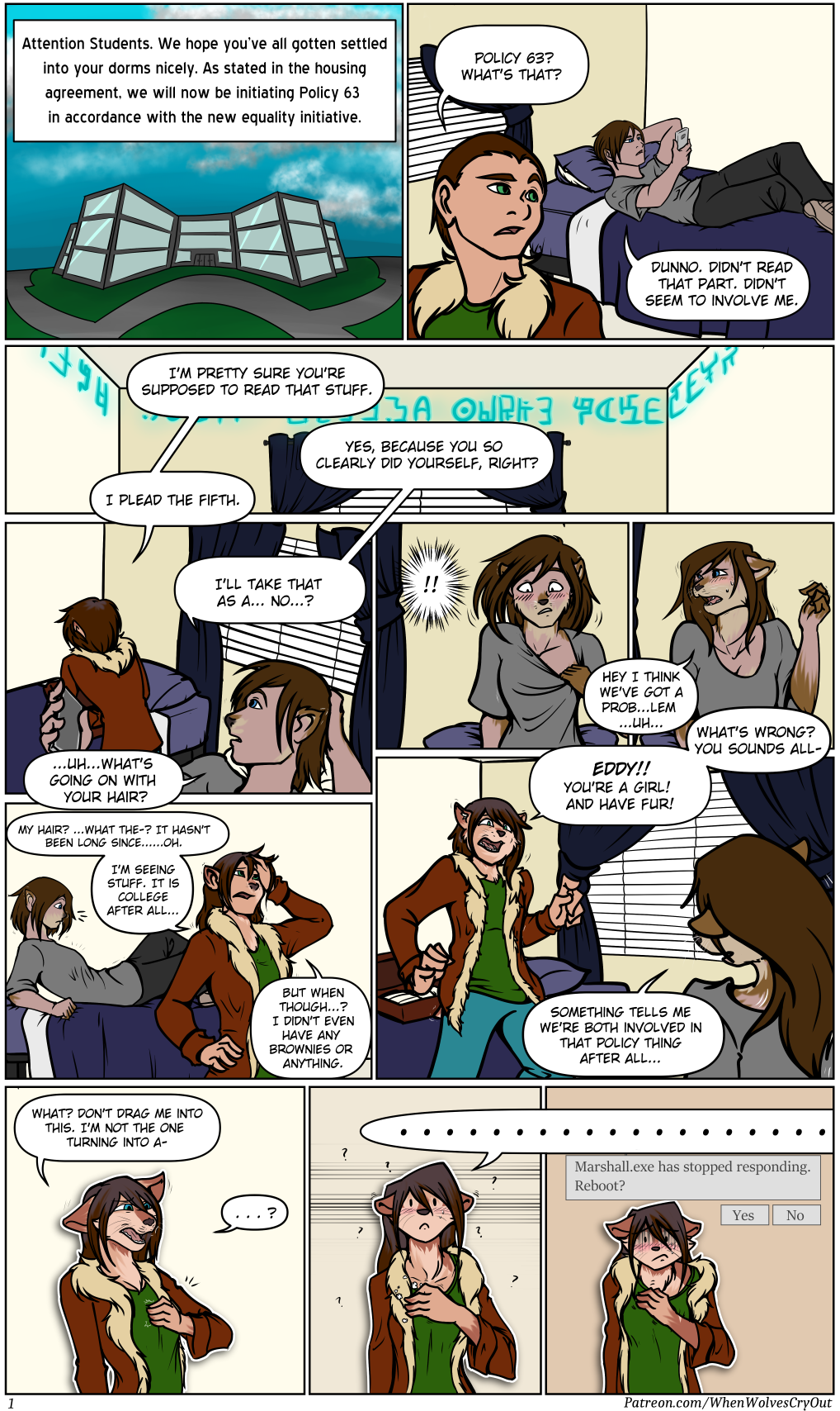 anthro bed blush breast_growth breasts brown_body brown_fur brown_hair clothed clothing college colored comic dialogue dorm_room duo english_text female forced forced_transformation freaking_out fur fur_growth furniture gender_transformation growth hair hair_growth hi_res human male mammal mtf_transformation mustelid otter school small_breasts species_transformation speech_bubble surprised_expression tail_growth text transformation unexpected whenwolvescryout whiskers