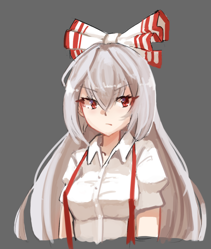 1girl :/ bow buttons collared_shirt fujiwara_no_mokou grey_background hair_bow hime_cut layru long_hair looking_at_viewer looking_to_the_side puffy_short_sleeves puffy_sleeves red_eyes shirt short_sleeves sidelocks simple_background solo suspenders touhou v-shaped_eyebrows very_long_hair white_bow white_hair white_shirt