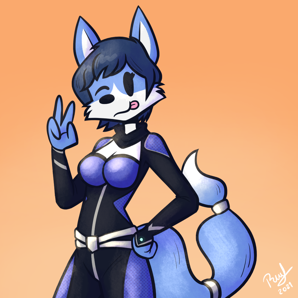 1:1 2021 accessory anthro blue_body blue_fur blue_hair bodysuit breasts canid canine cheek_tuft cleavage clothed clothing dipstick_tail dot_eyes eyelashes facial_tuft female fox fur furgonomics hair krystal mammal markings medium_breasts nintendo one_eye_closed peace_symbol rafvicalv short_hair simple_background skinsuit solo star_fox tail tail_accessory tail_markings tailband tight_clothing tongue tongue_out tuft wink