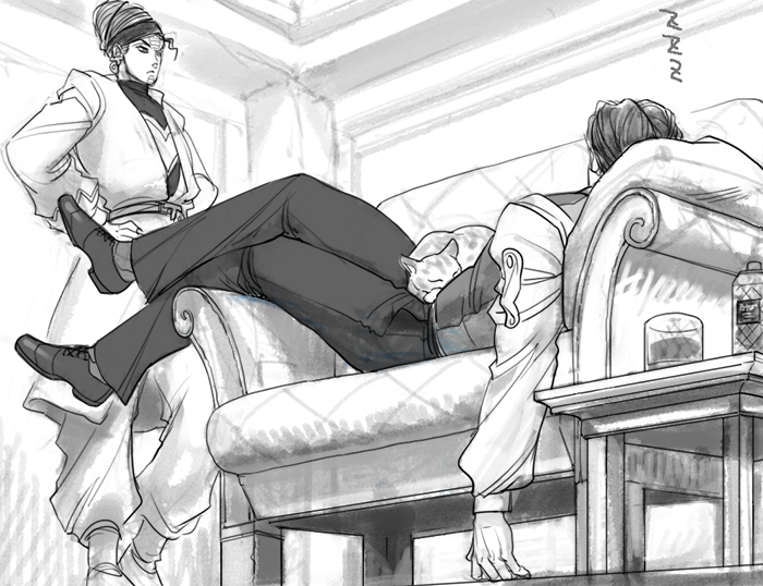 2boys alcohol beehive_hairdo brothers couch daniel_j._d'arby earrings facial_mark greyscale hands_on_own_hips headband jewelry jojo_no_kimyou_na_bouken male_focus merumeru626 monochrome multiple_boys on_couch siblings sleeping stardust_crusaders terence_t._d'arby vest waistcoat whiskey