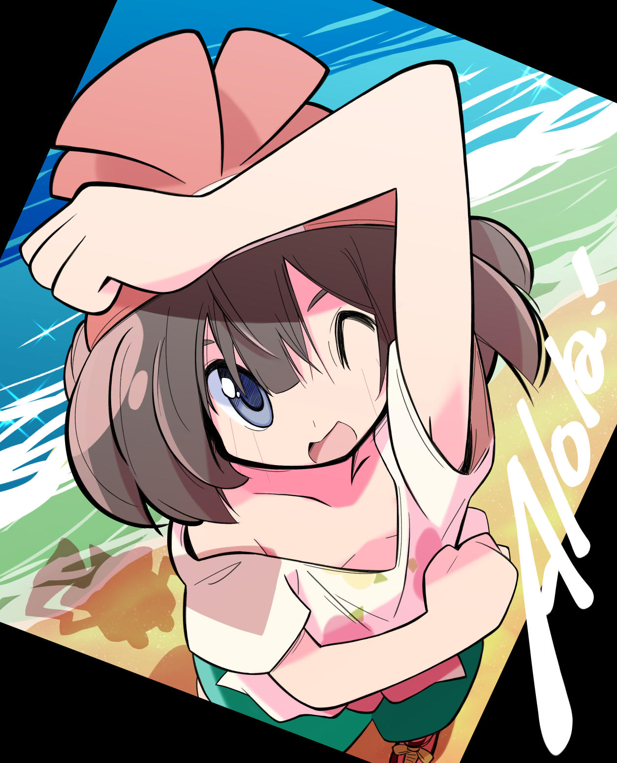 1girl ;d aqua_shorts arm_up beach beanie black_hair blue_eyes breasts cleavage collarbone downblouse floral_print from_above hair_between_eyes hat highres one_eye_closed pokemon pokemon_(game) pokemon_sm print_shirt rascal red_headwear rotom rotom_dex sand selene_(pokemon) shirt short_hair short_sleeves shorts small_breasts smile solo water white_shirt