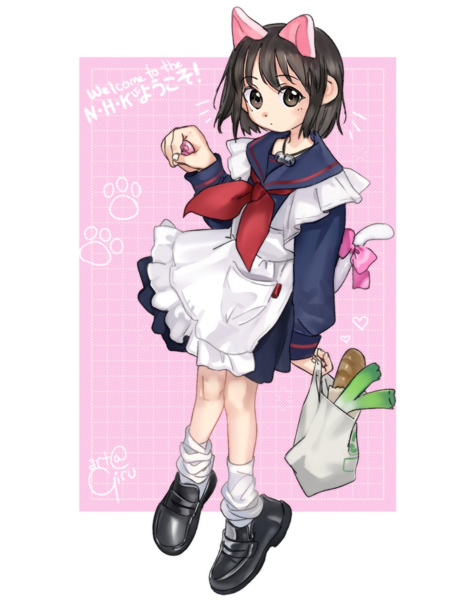 1girl animal_ears apron artist_name bag baguette bell black_footwear blue_sailor_collar blue_serafuku blue_skirt blush bob_cut bow bread breasts brown_eyes brown_hair cat_ears cat_girl cat_tail commentary copyright dot_mouth english_commentary food frilled_apron frills full_body girutea grid_background grocery_bag hand_up heart highres holding holding_bag holding_food jewelry jingle_bell kemonomimi_mode loafers long_sleeves looking_at_viewer loose_socks maid nakahara_misaki neckerchief necklace nhk_ni_youkoso! notice_lines outside_border paw_pose paw_print pink_bow plastic_bag pleated_skirt pocket red_neckerchief sailor_collar school_uniform serafuku shoes shopping_bag short_hair signature skirt small_breasts socks solo spring_onion tail tail_bow tail_ornament ultimate_moe white_apron white_socks white_tail