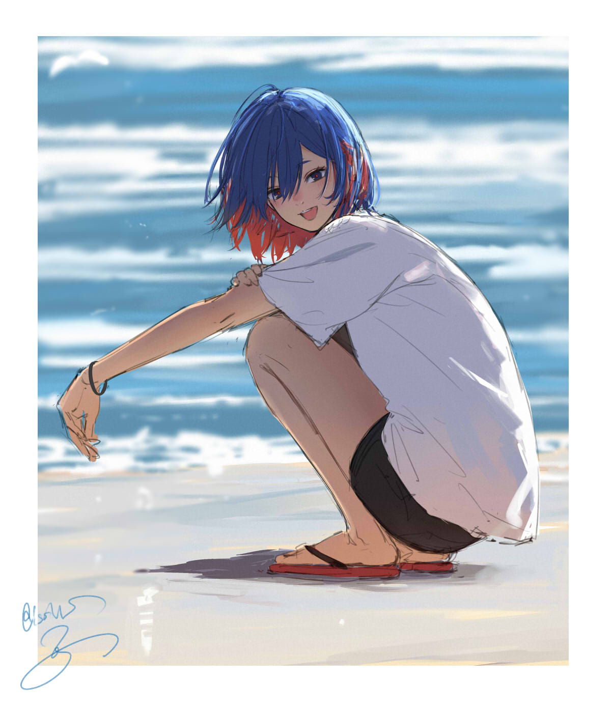 1girl alternate_costume beach black_shorts blue_eyes blue_hair blush border bracelet colored_inner_hair commentary day flip-flops floating_hair from_side full_body half-closed_eyes hand_on_own_arm highres isshiki_(ffmania7) jewelry kamitsubaki_studio looking_at_viewer looking_to_the_side multicolored_eyes multicolored_hair ocean open_mouth outdoors outstretched_arm red_eyes red_hair rim_(kamitsubaki_studio) sandals shadow shirt short_hair short_sleeves shorts signature smile solo squatting symbol-only_commentary t-shirt virtual_youtuber waves white_border white_shirt yellow_pupils