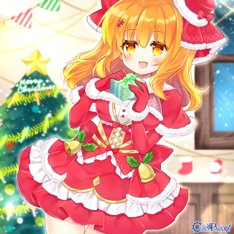 1girl :d bangs blurry blurry_background box breasts capelet chain_paradox character_name character_request christmas christmas_ornaments christmas_stocking christmas_tree depth_of_field dress fishnets frilled_dress frills fur-trimmed_capelet fur-trimmed_dress fur-trimmed_gloves fur-trimmed_headwear fur_trim gift gift_box gloves hair_between_eyes hands_up hat holding holding_gift indoors long_hair looking_at_viewer medium_breasts mini_hat orange_eyes orange_hair pennant red_capelet red_dress red_gloves red_headwear santa_costume shikito smile snowing solo star_(symbol) string_of_flags tilted_headwear window
