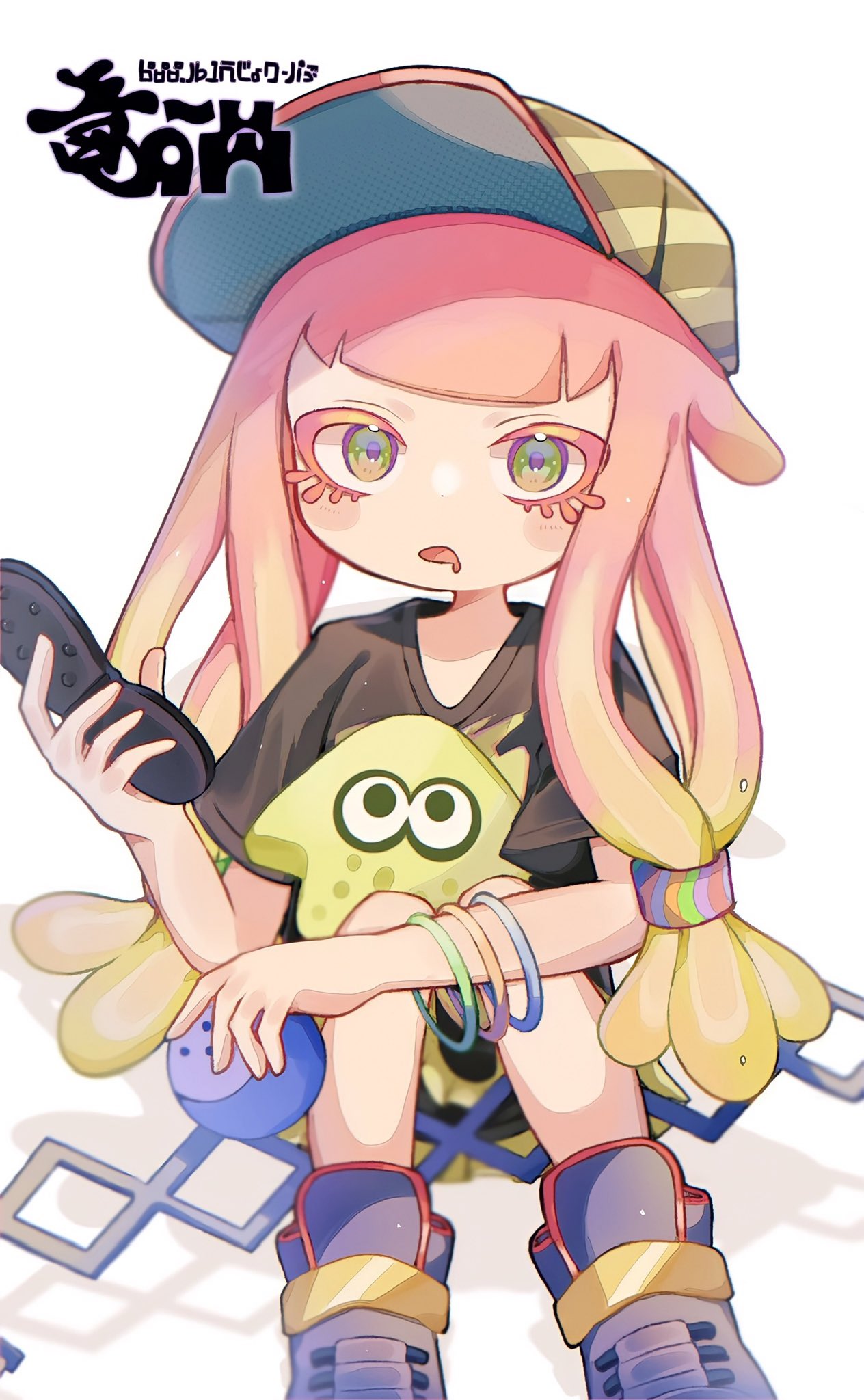 1girl ball baseball_cap black_shirt blonde_hair blue_footwear bracelet colored_eyelashes commentary_request eyelashes gradient_hair green_eyes harmony_(splatoon) hat highres holding holding_ball holding_phone jewelry long_hair looking_at_viewer low-tied_long_hair multicolored_hair multiple_bracelets open_mouth phone pink_hair shirt shoes simple_background sitting solo splatoon_(series) splatoon_3 squid striped striped_headwear stuffed_toy two-tone_hair white_background yn_uo0