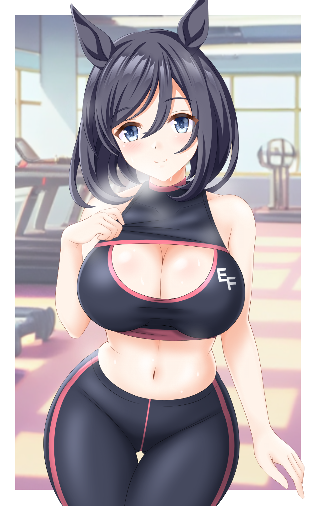 1girl animal_ears armpit_crease black_hair black_pants black_sports_bra blurry blurry_background border breasts cleavage cleavage_cutout closed_mouth clothing_cutout eishin_flash_(umamusume) grey_eyes gurukorian gym hair_between_eyes highres horse_ears horse_girl large_breasts light_blush midriff navel pants short_hair smile solo sports_bra steaming_body sweat thigh_gap treadmill umamusume white_border