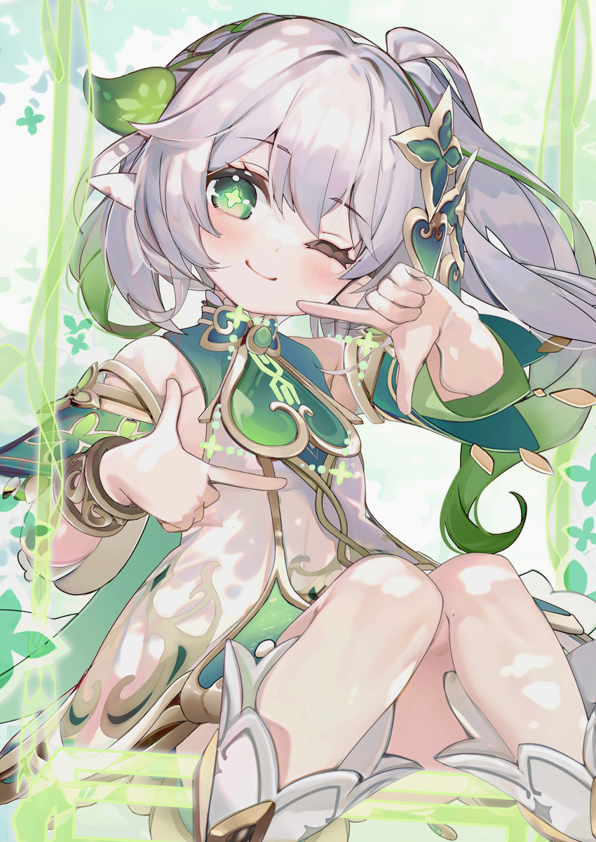 1girl braid commentary_request dress finger_frame genshin_impact gradient_hair green_eyes green_hair grey_hair hair_ornament highres knees_together_feet_apart leaf long_hair looking_at_viewer multicolored_hair nahida_(genshin_impact) one_eye_closed partial_commentary pointy_ears revision shirokitsune short_dress side_ponytail sitting sleeveless sleeveless_dress smile socks solo swing two-tone_hair white_dress white_socks