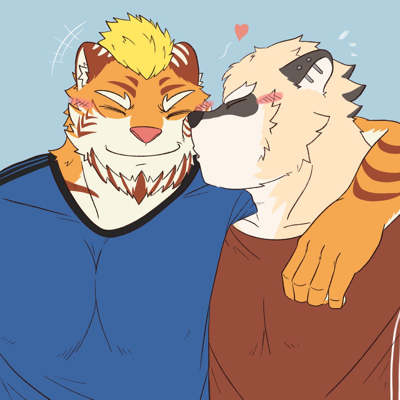 &lt;3 2022 anthro beard blonde_hair blush clothed clothing colored digital_media_(artwork) duo ear_piercing embrace eyes_closed facial_hair felid fully_clothed fur hair hand_over_shoulder hi_res hug iconography inner_ear_fluff kissing kissing_cheek love male male/male mammal motion_lines muscular muscular_male nick_saunders_(templar) orange_body orange_fur pantherine pecs piercing procyonid raccoon romantic romantic_couple shirt side_hug simple_background smile super-nova swaggy_tamago t-shirt tiger topwear tuft vince_(super-nova) white_body white_fur yellow_body yellow_fur