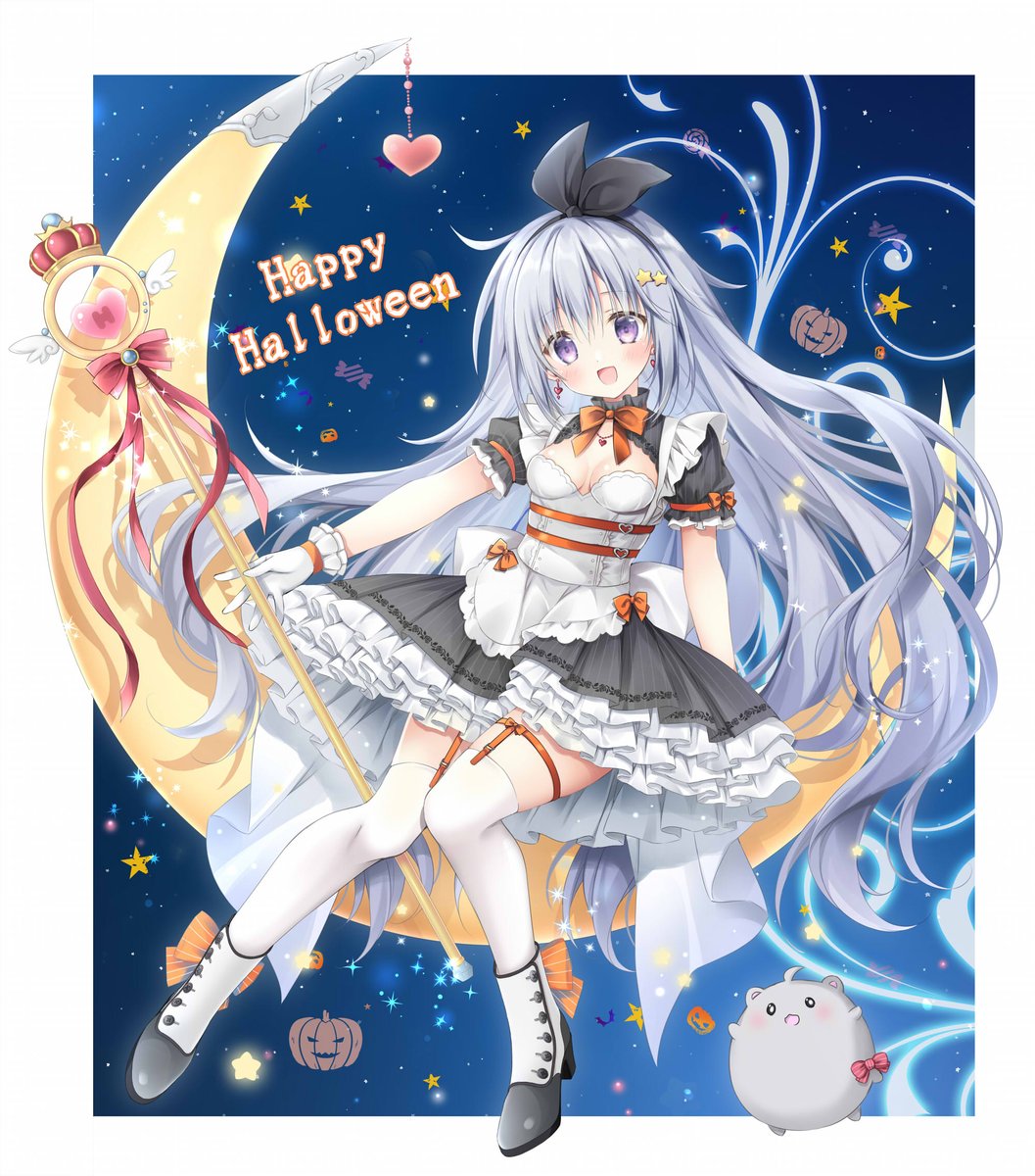 1girl black_dress black_ribbon boots bow bowtie breasts cleavage_cutout clothing_cutout commentary crescent_moon dress earrings garter_straps gloves grey_hair hair_ribbon heart high_heel_boots high_heels highres holding holding_staff jack-o'-lantern jewelry korie_riko long_hair looking_at_viewer moon original puffy_short_sleeves puffy_sleeves purple_eyes red_bow red_bowtie ribbon short_dress short_sleeves sitting small_breasts solo sparkle staff star_(symbol) starry_background thighhighs very_long_hair white_footwear white_gloves white_thighhighs