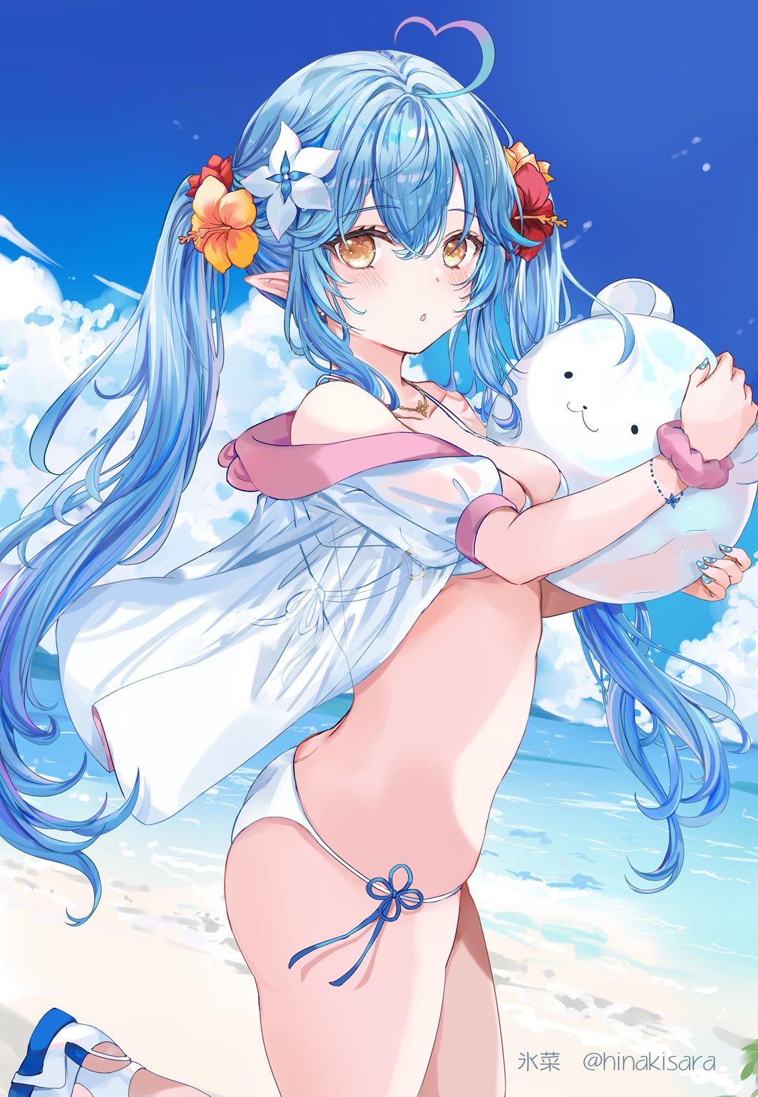 1girl ahoge alternate_costume artist_name bare_shoulders beach bikini blue_hair blue_ribbon blue_sky breasts cleavage cloud cloudy_sky collarbone crossed_bangs flower hair_between_eyes hair_flower hair_ornament highres hinahino hololive jacket jewelry looking_at_viewer medium_breasts necklace open_clothes open_jacket parted_lips pink_scrunchie pointy_ears red_flower ribbon sandals scrunchie see-through see-through_jacket sidelocks sky standing standing_on_one_leg swimsuit twintails twitter_username virtual_youtuber white_bikini white_flower white_footwear wrist_scrunchie yellow_eyes yellow_flower yukihana_lamy