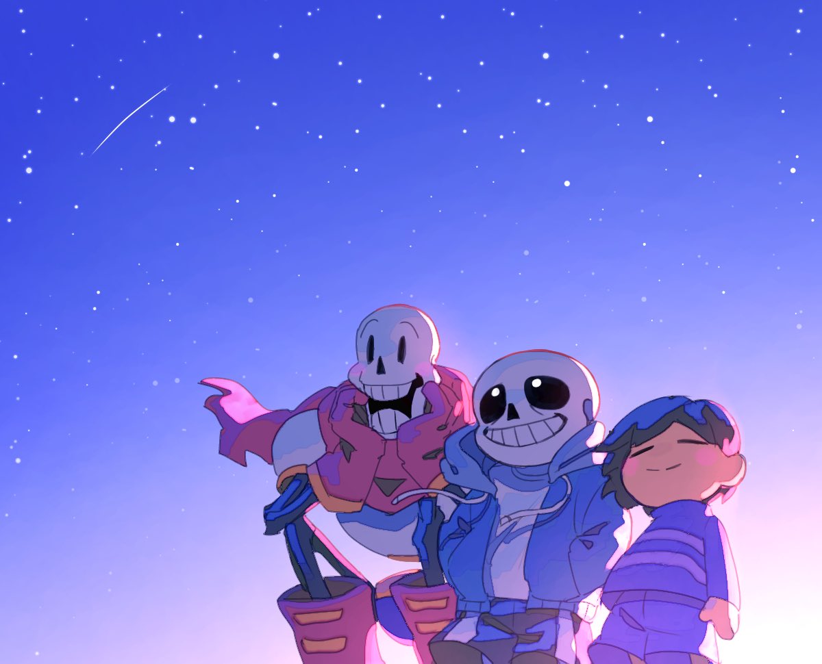 1other 2boys black_hair black_shorts blue_jacket blush boots brothers child closed_mouth frisk_(undertale) gloves hood hood_down hooded_jacket jacket korokor59513559 multiple_boys open_clothes open_jacket outdoors papyrus_(undertale) red_gloves red_scarf sans scarf shirt short_hair shorts siblings skeleton sky smile squatting star_(sky) starry_sky teeth undertale white_shirt