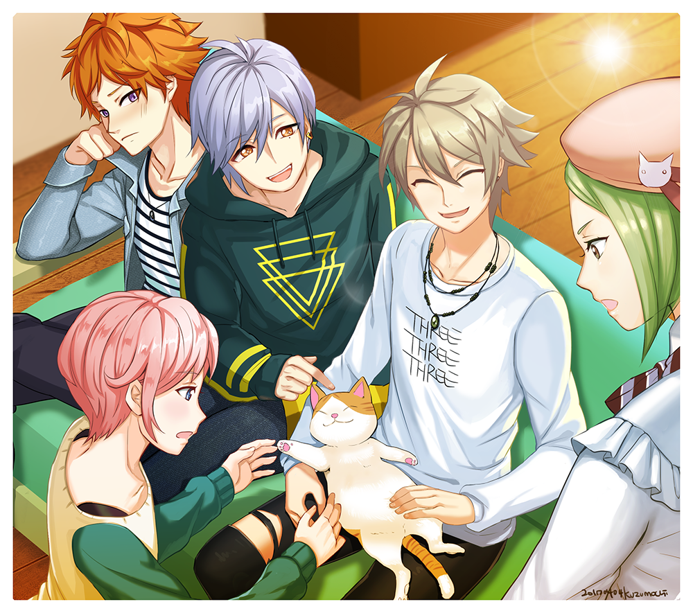 5boys :d ^_^ a3! animal_on_lap beret black_pants blue_eyes brown_eyes brown_hair brown_headwear cat closed_eyes commentary_request couch dated green_hair green_hoodie grey_hair grey_jacket hat hood hood_down hoodie ikaruga_misumi indoors jacket kuzumochi_(kuzumochiya) male_focus miyoshi_kazunari multiple_boys on_couch on_lap open_clothes open_jacket orange_hair pants pink_hair purple_eyes rurikawa_yuki sakisaka_muku shirt signature sitting smile standing striped striped_shirt sumeragi_tenma torn_clothes torn_pants white_shirt wooden_floor