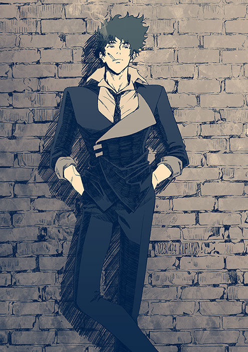 1boy against_wall artist_name black_jacket brick_wall collared_shirt cowboy_bebop dated feet_out_of_frame grey_theme hands_in_pockets jacket male_focus monochrome necktie shirt short_hair sleeves_past_elbows smoking sorashiro_(sky_x_space) spike_spiegel