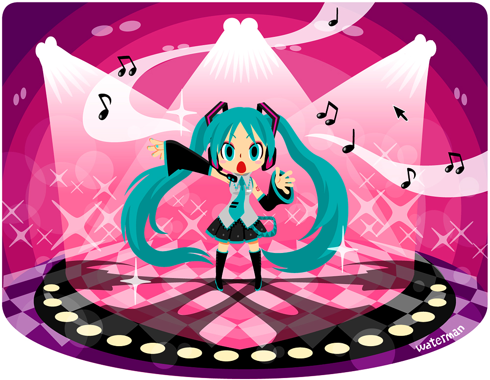 1girl adobe_illustrator_(medium) arm_up black_footwear black_skirt blue_eyes blue_hair blue_nails blue_necktie blush_stickers boots detached_sleeves hatsune_miku illustrator mouse_(computer) music musical_note nail_polish necktie number_tattoo open_mouth pleated_skirt shadow shimizu_toshiyasu shoulder_tattoo signature singing skirt solo sparkle stage stage_lights tattoo vocaloid