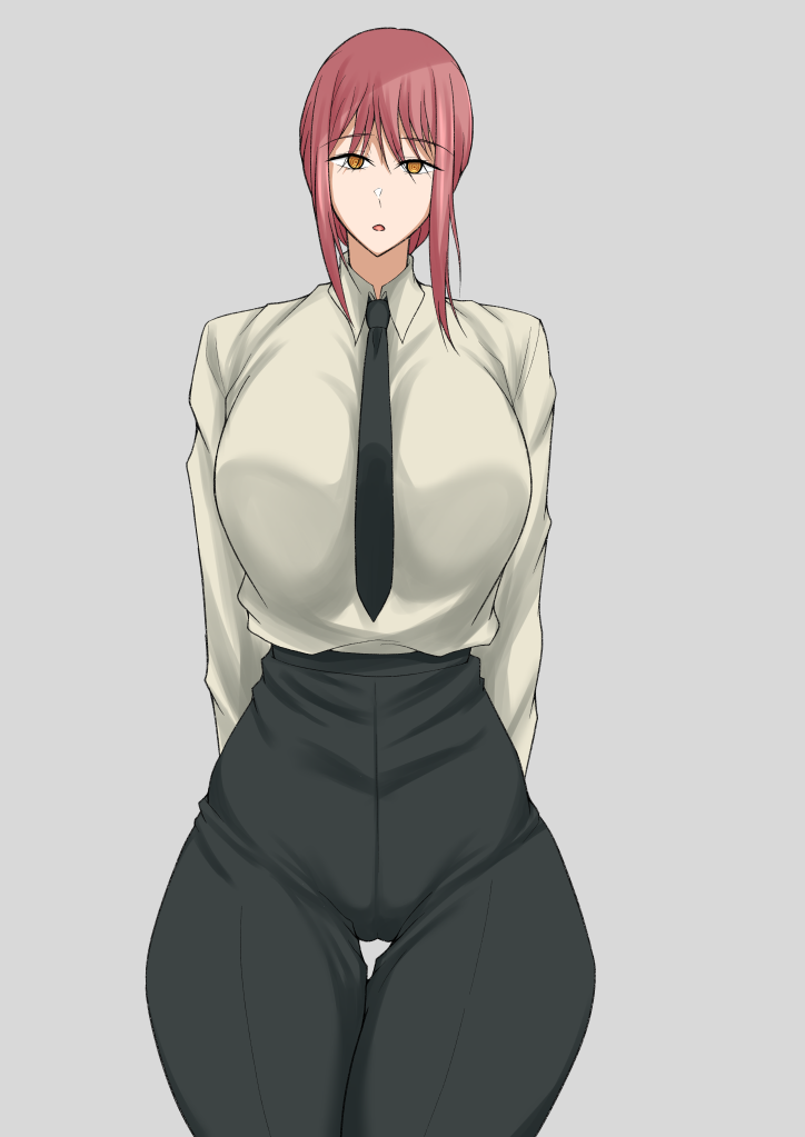 1girl black_pants breasts business_suit chainsaw_man collared_shirt iita_nori large_breasts long_sleeves looking_at_viewer makima_(chainsaw_man) necktie pants red_eyes red_hair shirt solo suit white_shirt wide_sleeves