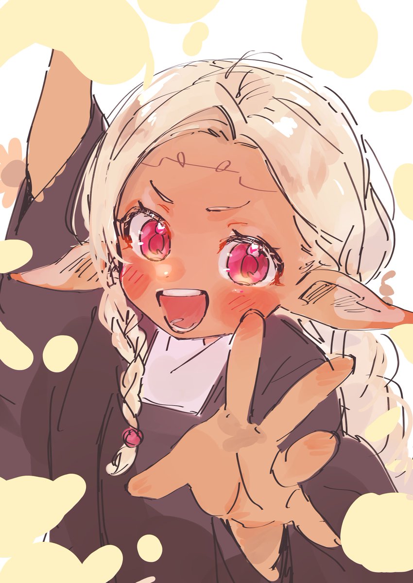 &gt;:) 1girl :d arms_up blonde_hair blush braided_sidelock clothing_request dark-skinned_female dark_skin edomae_elf elf highres japanese_clothes kimono long_braid long_hair looking_at_viewer mayora13 open_hand open_mouth outstretched_hand pink_eyes pointy_ears reaching reaching_towards_viewer short_eyebrows simple_background single_sidelock sketch smile solo teeth upper_body v-shaped_eyebrows white_background white_kimono yordeilla_lila_fenomenea