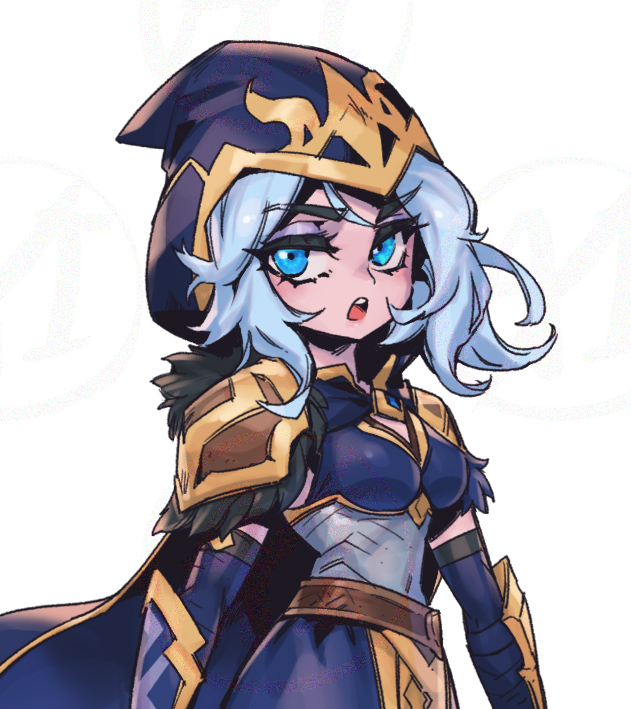 1girl :o ashe_(league_of_legends) belt blue_cape blue_eyes blue_hood blue_sleeves breasts brown_belt cape cowboy_shot detached_sleeves fur-trimmed_armor grey_background grey_hair hood hood_up hooded_cape league_of_legends medium_breasts medium_hair phantom_ix_row shoulder_plates simple_background solo teeth upper_teeth_only