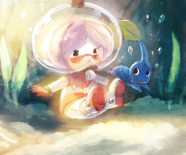 1girl air_bubble alien b_spa_gyoreva bad_id bad_pixiv_id blue_pikmin brittany_(pikmin) bubble dappled_sunlight eyelashes floating glasses gloves leaf looking_at_another open_mouth pikmin_(series) pink_gloves pink_hair pink_skirt pointy_ears pointy_nose red-framed_eyewear sand seaweed shady_eyes short_hair skirt space_helmet spacesuit sunlight swimming third-party_source triangular_eyewear underwear whistle