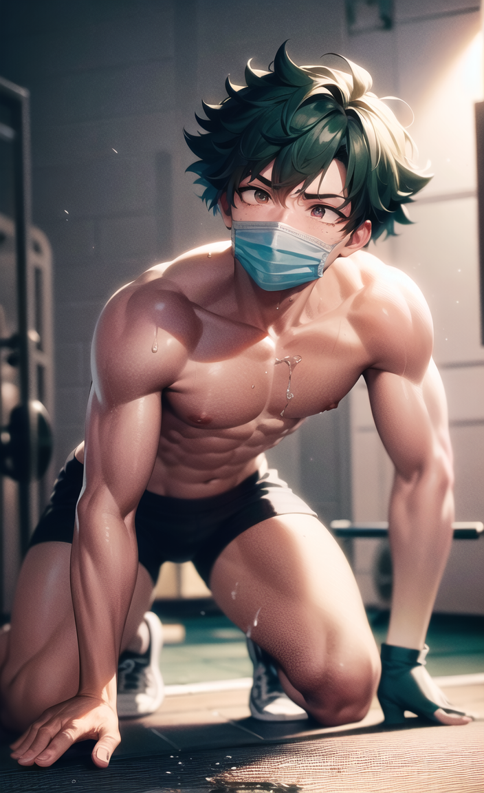 1boy abs ai-generated boku_no_hero_academia deviantart exercise green_hair gym gym_shorts indoors male_focus mask midoriya_izuku mouth_mask muscular muscular_male pectorals shorts sweat thick_thighs thighs topless_male weights