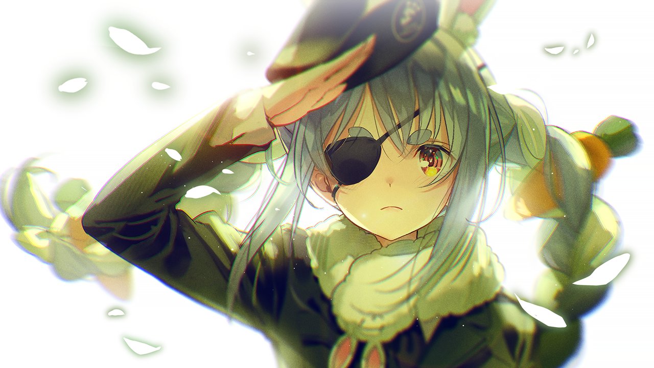 1girl animal_ears beret braid carrot_hair_ornament cosplay eyepatch food-themed_hair_ornament hair_between_eyes hair_ornament hat hikosan hololive metal_gear_(series) metal_gear_solid_3:_snake_eater naked_snake naked_snake_(cosplay) orange_eyes rabbit_ears rabbit_girl salute second-party_source twin_braids usada_pekora virtual_youtuber