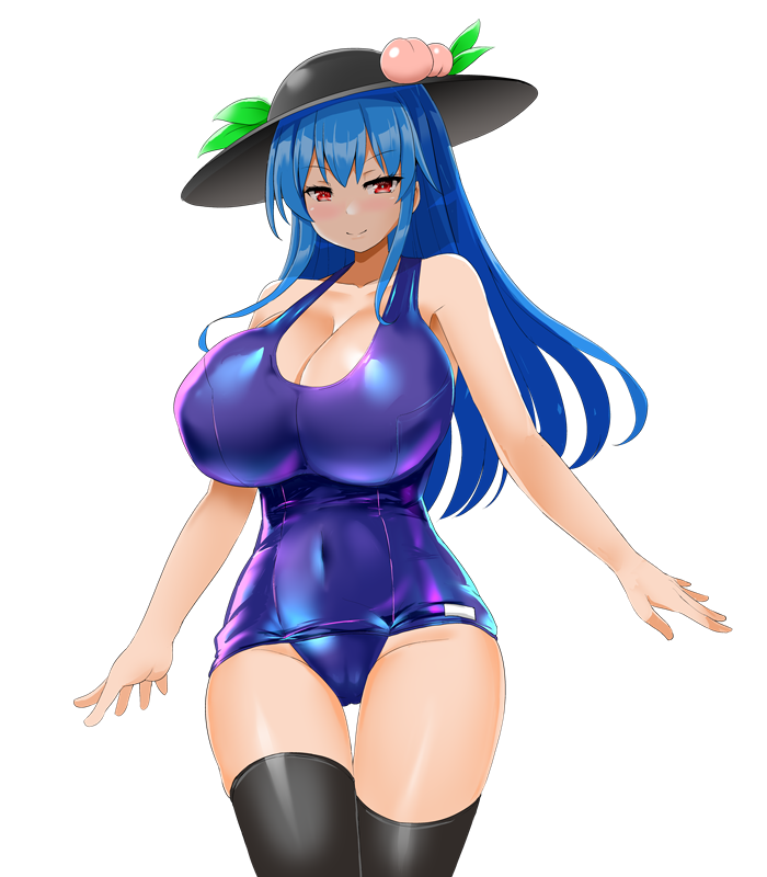 1girl alternate_breast_size bare_shoulders black_headwear black_thighhighs blue_hair blue_one-piece_swimsuit blush breasts cameltoe cleavage closed_mouth covered_navel cowboy_shot fruit_hat_ornament hat hinanawi_tenshi honda_takaharu huge_breasts long_hair looking_at_viewer one-piece_swimsuit outstretched_arms peach_hat_ornament red_eyes school_swimsuit sidelocks smile solo swimsuit thigh_gap thighhighs touhou transparent_background