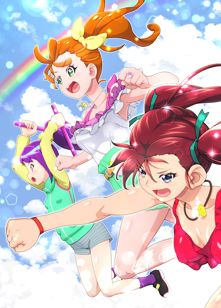3girls arms_up bakusou_kyoudai_let's_&amp;_go!!_max belt black_footwear blue_eyes blue_sky bracelet clenched_hands cloud cloudy_sky crossover day frilled_shirt frills green_eyes green_ribbon green_shorts green_vest grey_shorts hair_ribbon holding holding_sword holding_weapon jewelry jumping kohsaka_jun legs_up lens_flare light_particles long_hair long_sleeves looking_to_the_side medium_hair multiple_crossover multiple_girls natsuumi_manatsu necklace oogami_marina open_mouth orange_belt orange_hair outdoors ponytail precure punching purple_socks rainbow red_hair red_tank_top ribbon ring saikyou_kamizmode! shirt shoes short_shorts shorts side_ponytail sky sleeveless sleeveless_shirt smile socks sword tanba_rin_(saikyou_kamizmode!) tank_top tropical-rouge!_precure twintails vest weapon white_shirt yellow_ribbon yellow_shirt