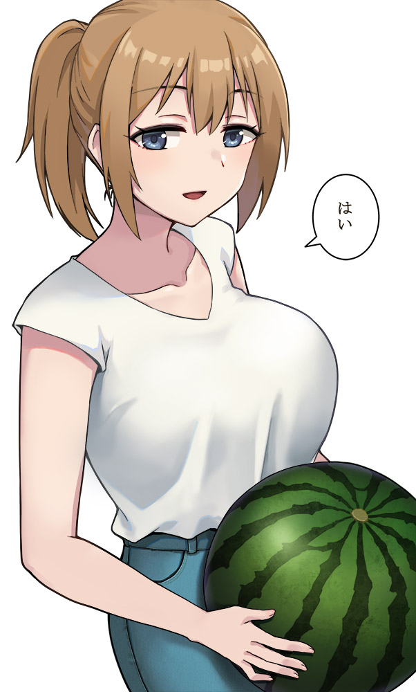 1girl :d blue_eyes breasts brown_hair cleavage collarbone commentary_request denim food fruit half-closed_eyes hashi holding holding_food jeans large_breasts looking_at_viewer open_mouth original pants ponytail shirt short_sleeves sideways_glance simple_background smile solo speech_bubble standing translation_request upper_body watermelon white_background