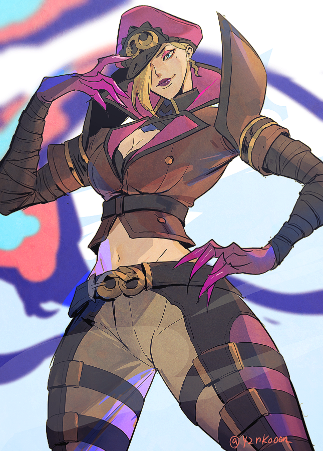 1girl 42nkooon belt blonde_hair breasts brown_belt brown_jacket brown_pants claws cleavage cowboy_shot evelynn_(league_of_legends) groin hair_over_one_eye jacket large_breasts league_of_legends midriff navel official_alternate_costume pants pink_headwear short_hair solo soul_fighter_evelynn stomach white_background
