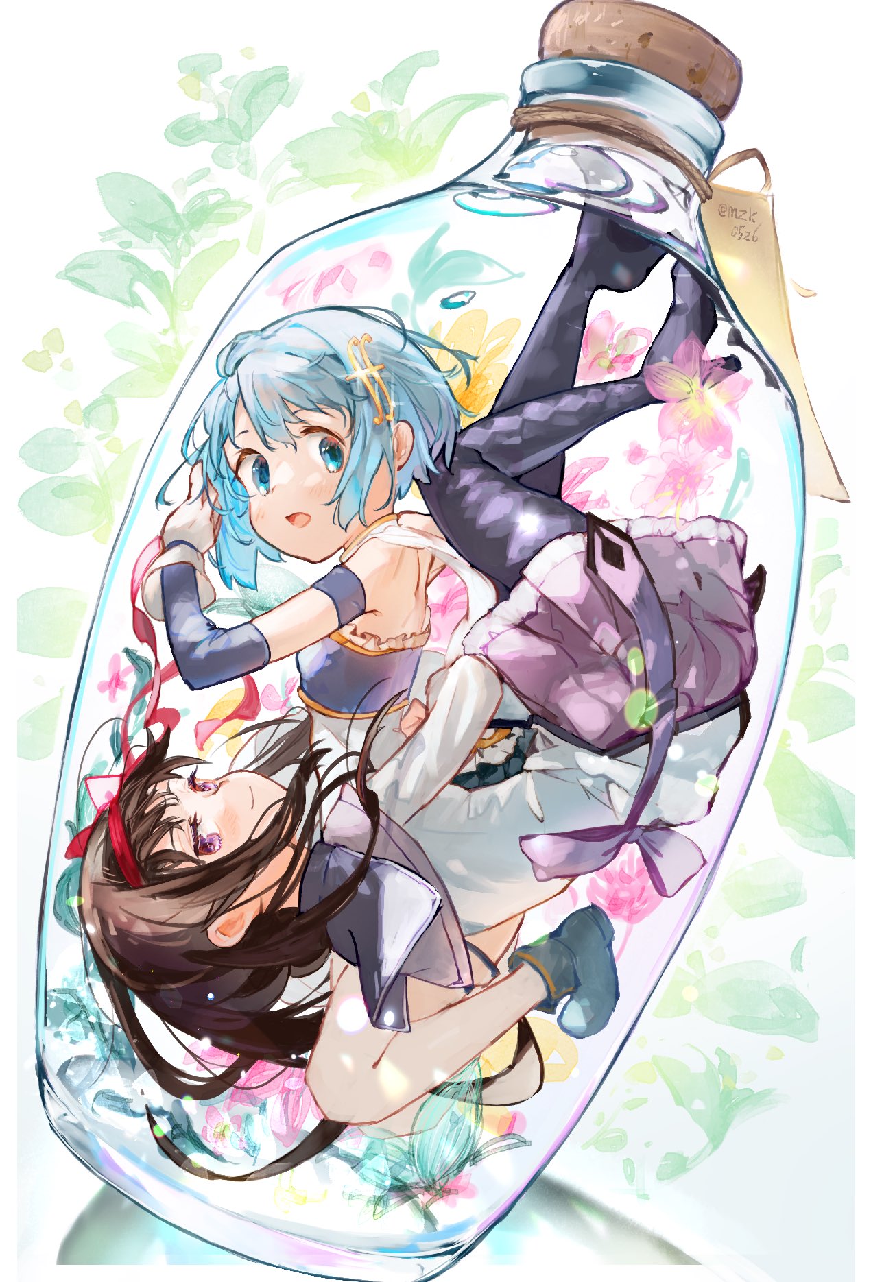 2girls akemi_homura argyle argyle_legwear bare_shoulders black_hair blue_eyes blue_footwear blue_hair blush boots bottle bow cape detached_sleeves flower glass_bottle gloves hair_between_eyes hair_bow hair_ornament highres in_bottle in_container light_smile long_hair looking_at_viewer magical_girl mahou_shoujo_madoka_magica miki_sayaka multiple_girls musical_note musical_note_hair_ornament mzk0526 open_mouth pantyhose purple_eyes red_ribbon ribbon short_hair shoulder_blades skirt smile thighhighs white_cape white_gloves