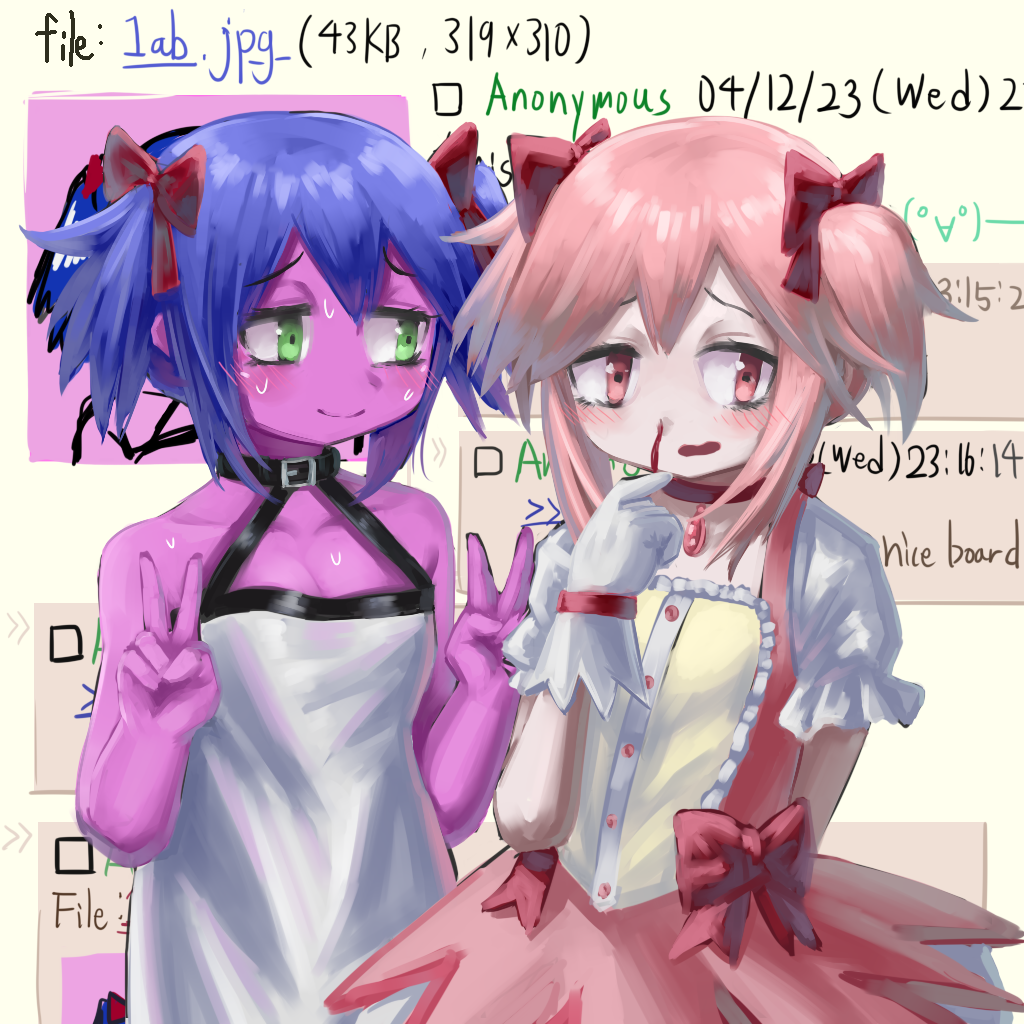 2girls 4chan arm_behind_back bare_arms bare_shoulders belt_collar black_collar blood blue_hair blush bow breasts bury_pink_gril buttons choker cleavage closed_mouth collar collarbone colored_skin diu9you double_v dress english_commentary english_text furrowed_brow gloves green_eyes hair_bow halter_dress halterneck hand_up hands_up imageboard kaname_madoka looking_at_another looking_at_viewer magical_girl mahou_shoujo_madoka_magica multiple_girls multiple_hair_bows nosebleed open_mouth pale_skin pink_eyes pink_gemstone pink_hair pink_skin puffy_short_sleeves puffy_sleeves red_bow red_choker short_hair short_sleeves smile soul_gem standing sweat two_side_up v white_dress white_gloves
