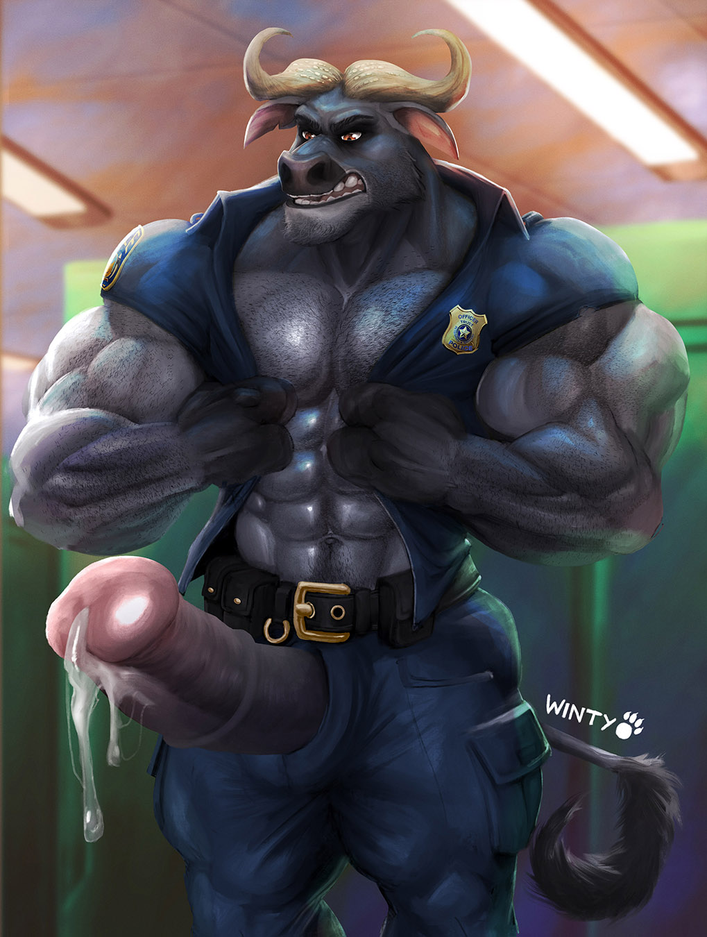 abs anthro big_penis bovid bovine chief_bogo clothed clothing disney erection genitals hi_res male mammal muscular open_clothing open_shirt open_topwear penis shirt solo topwear true_buffalo water_buffalo wintech3112 zootopia