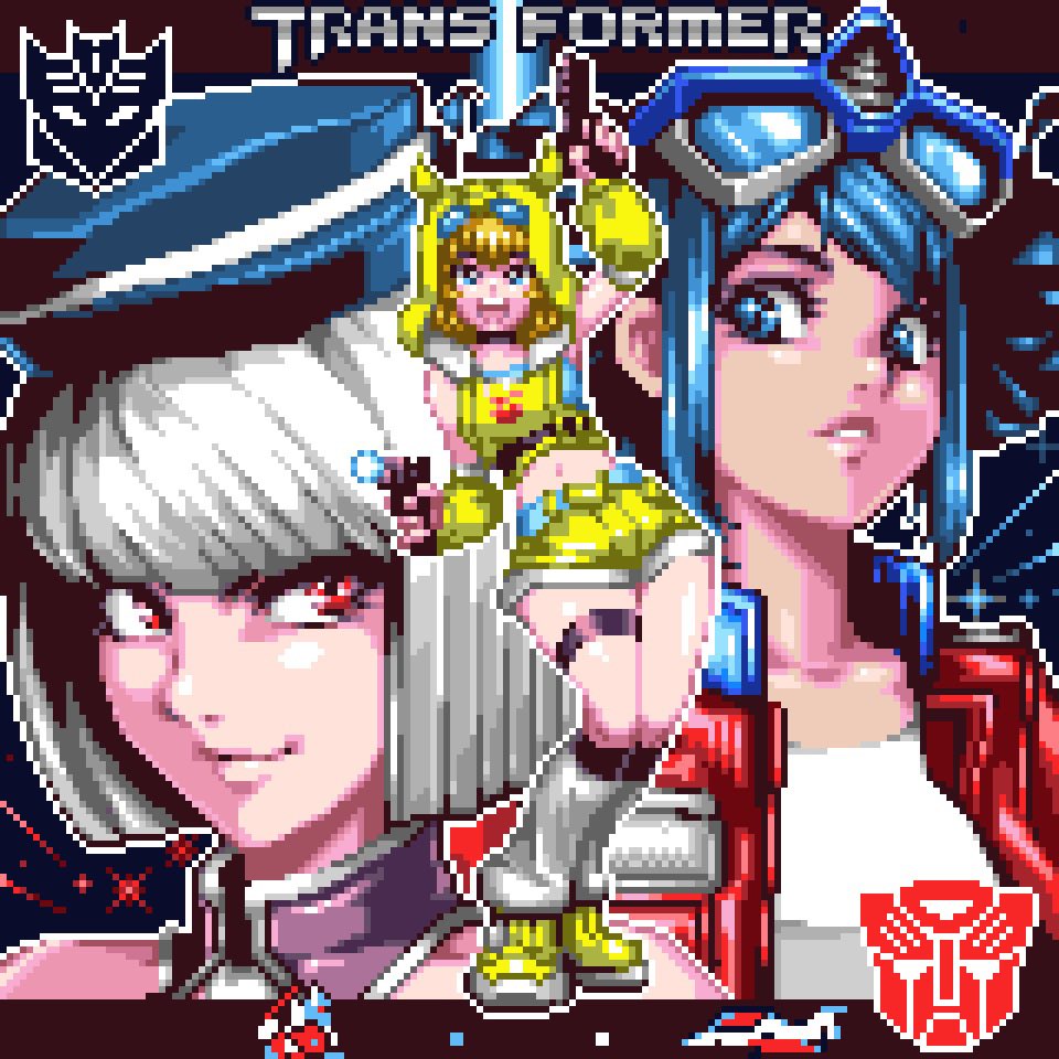 3girls autobot bare_shoulders blonde_hair blue_eyes blue_hair bumblebee_(kotobukiya_bishoujo)_(transformers) bumblebee_(transformers) cropped_hoodie decepticon detached_sleeves e2mou goggles goggles_on_head gun hand_up holding holding_gun holding_weapon hood hoodie kotobukiya_bishoujo megatron megatron_(kotobukiya_bishoujo) multiple_girls optimus_prime optimus_prime_(kotobukiya_bishoujo) pixel_art red_eyes short_hair sleeveless sleeveless_hoodie smile thigh_strap transformers weapon white_hair