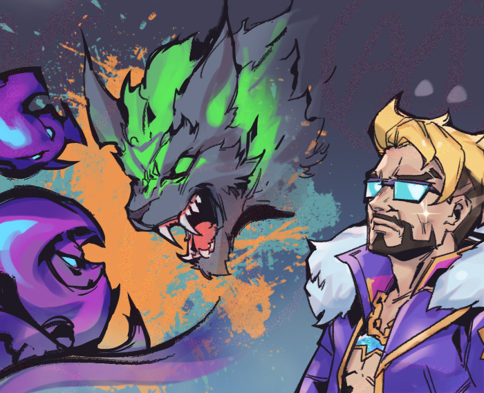 1boy beard blonde_hair brown_hair chain character_request check_character collarbone colored_skin draven evelynn_(league_of_legends) eye_contact facial_hair facing_up fangs glasses jacket league_of_legends looking_at_another multicolored_background multicolored_hair open_clothes open_jacket phantom_ix_row pink_jacket pink_skin sharp_teeth soul_fighter_draven teeth two-tone_hair warwick werewolf