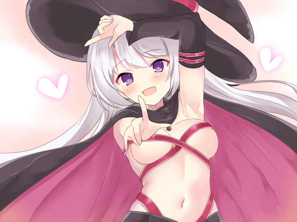 1girl arm_up armpits ayachi_nene bare_shoulders belt belt_bra black_cloak black_headwear black_sleeves blush breasts cloak commentary_request curvy detached_sleeves eyelashes floating_clothes floating_hair grey_hair hair_between_eyes happy hat head_tilt heart index_fingers_raised issatsu_no_arrow_(meme) large_breasts long_hair looking_at_viewer meme midriff miyako_(mongcocoa) navel pink_background pink_belt pink_cloak pointing pointing_at_viewer purple_eyes sanoba_witch simple_background skindentation solo stomach two-sided_cloak two-sided_fabric upper_body very_long_hair witch witch_hat