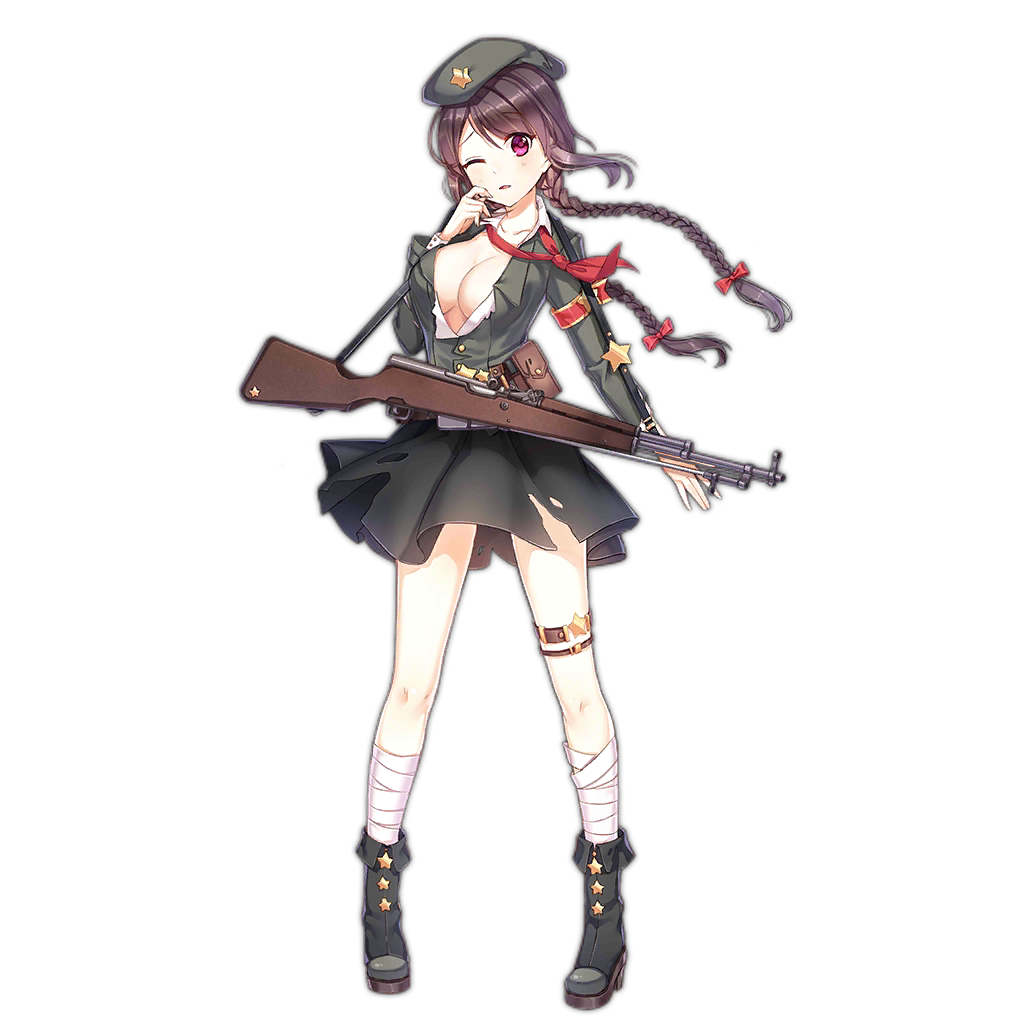 1girl beret black_footwear black_skirt boots braid breasts brown_hair cleavage collarbone colored_shoe_soles footwear_ornament full_body girls'_frontline green_headwear green_jacket gun hat hat_ornament holding holding_weapon jacket kan_(rainconan) large_breasts leg_wrap long_hair long_sleeves looking_at_viewer loose_bandages loose_neckerchief military military_uniform neckerchief official_art one_eye_closed open_clothes open_jacket open_shirt parted_lips purple_eyes red_armband red_neckerchief rifle salute shirt simple_background skirt solo standing star_(symbol) star_hat_ornament thigh_strap torn_clothes torn_jacket torn_skirt transparent_background twin_braids type_56_carbine type_56_carbine_(girls'_frontline) uniform weapon white_shirt