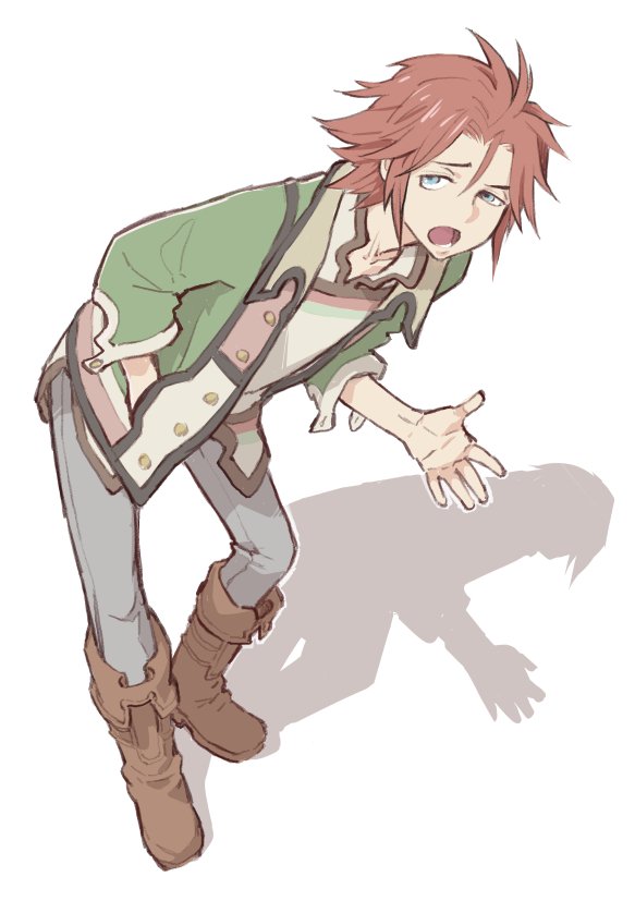 1boy blue_eyes boots brown_footwear brown_hair caesar_silverberg collarbone full_body gensou_suikoden gensou_suikoden_iii green_eyes green_jacket grey_pants hand_in_pocket jacket leaning_forward looking_at_viewer lower_teeth_only male_focus open_mouth pants red_hair shadow shimizu_aki shirt short_hair simple_background solo teeth white_background white_shirt