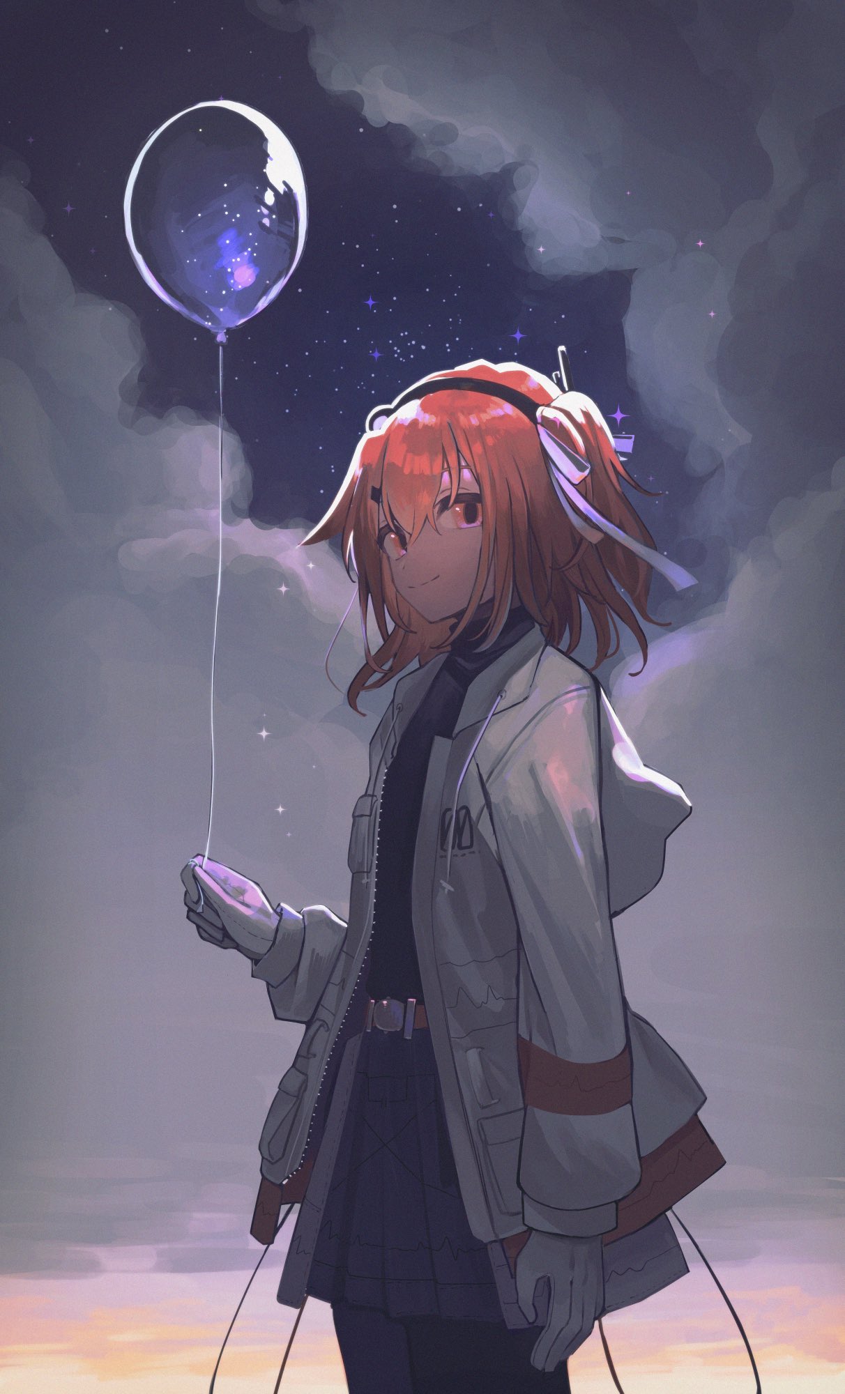 1girl a.i._voice adachi_rei arm_at_side balloon belt black_hairband black_leggings black_shirt closed_mouth cloud cloudy_sky commentary_request cowboy_shot from_side gloves grey_skirt hair_ornament hair_ribbon hairband hairclip half-closed_eyes headlamp highres holding holding_balloon hood hood_down hooded_jacket jacket kaiya leggings looking_at_viewer looking_to_the_side medium_hair night one_side_up open_clothes open_jacket orange_belt orange_eyes orange_hair outdoors pleated_skirt radio_antenna ribbon shirt sideways_glance skirt sky smile solo standing star_(sky) starry_sky turtleneck utau white_gloves white_jacket white_ribbon