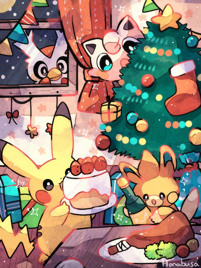 :o animal_focus artist_name blue_eyes bottle cake christmas christmas_tree colored_skin commentary delibird food gift hanabusaoekaki holding holding_bottle holding_plate jigglypuff no_humans open_mouth pawmi pikachu pink_skin plate pokemon pokemon_(creature) red_socks snow snowing socks solid_oval_eyes sparkle star_(symbol) table tail turkey_(food) window yellow_skin