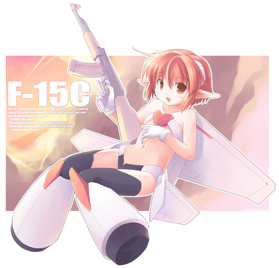 1girl ak-47 armor assault_rifle bangs bikini_armor black_thighhighs blush brown_eyes commentary_request emurin english_text engrish_text f-15_eagle flat_chest full_body gloves gun hair_between_eyes heart holding holding_gun holding_weapon jet_engine kalashnikov_rifle looking_at_viewer mecha_musume midriff navel open_mouth orange_hair original outline personification pointy_ears ranguage rifle short_hair smile solo sunset thighhighs weapon white_gloves white_outline