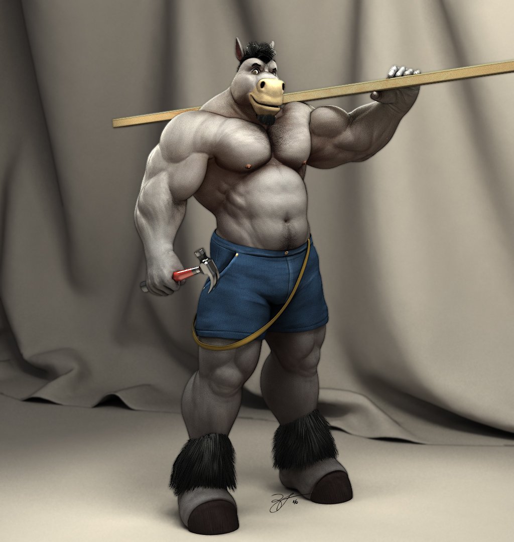 2016 abs anthro barefoot biceps black_hair blue_bottomwear blue_clothing blue_shorts body_hair bottomwear braford chest_hair clothing curtains dated deltoids equid equine facial_hair feet fur goatee grey_body grey_fur hair hammer holding_hammer holding_object holding_plank holding_tool hooves horse leg_tuft looking_at_viewer male mammal musclegut navel nipples object_on_shoulder obliques pecs pubes shorts signature simon_(braford) solo standing tools triceps tuft wood