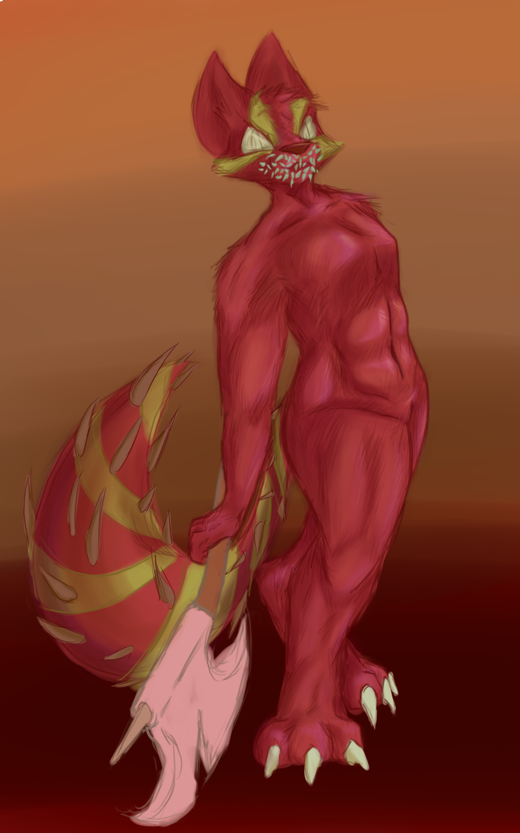 abs anthro axe axentooth big_feet canid canine facial_markings feet female fox glistening glistening_abs glistening_body head_markings hi_res holding_object large_paws leaning leaning_back love_handles mammal many_teeth markings monster muscular muscular_female navel red_body sabrina_(axentooth) sharp_teeth solo spiked_tail spikes spikes_(anatomy) tail tail_markings teeth yellow_eyes