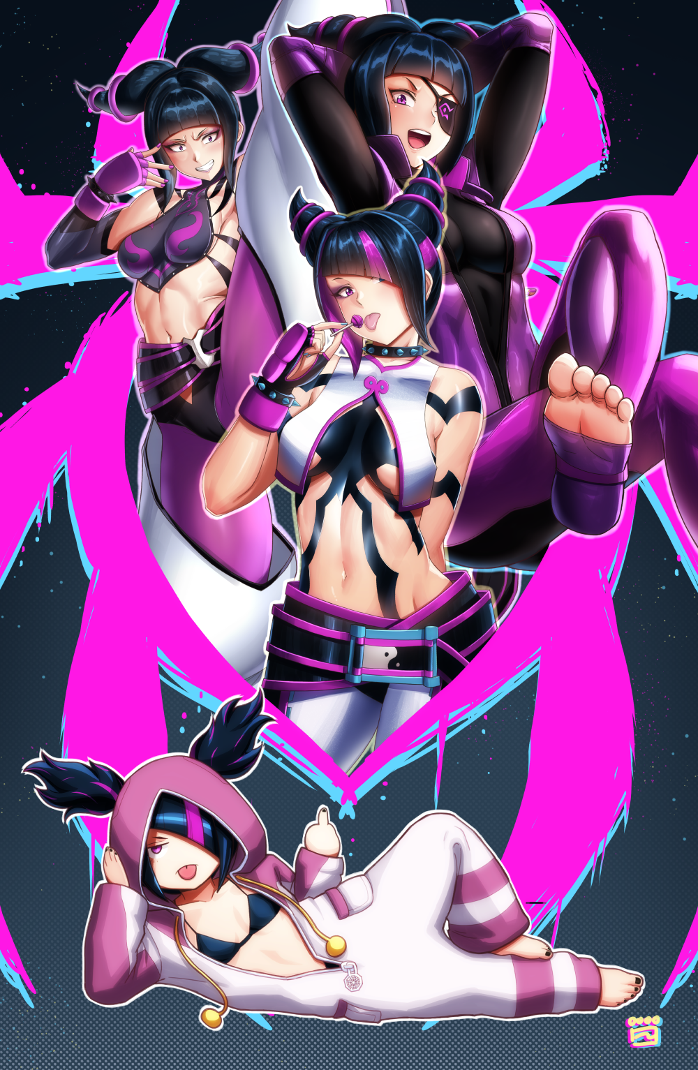 barefoot biker_clothes bikesuit black_bra bodysuit bra bracelet breasts chaps cleavage cosplay drill_hair eyepatch finalcake fingerless_gloves gloves hair_horns halterneck han_juri highres jewelry kigurumi lying middle_finger multicolored_hair multiple_persona nail_polish official_alternate_costume official_alternate_hairstyle on_side spiked_bracelet spikes streaked_hair street_fighter street_fighter_6 street_fighter_iv_(series) street_fighter_v toenail_polish toenails tongue tongue_out twin_drills twintails underwear