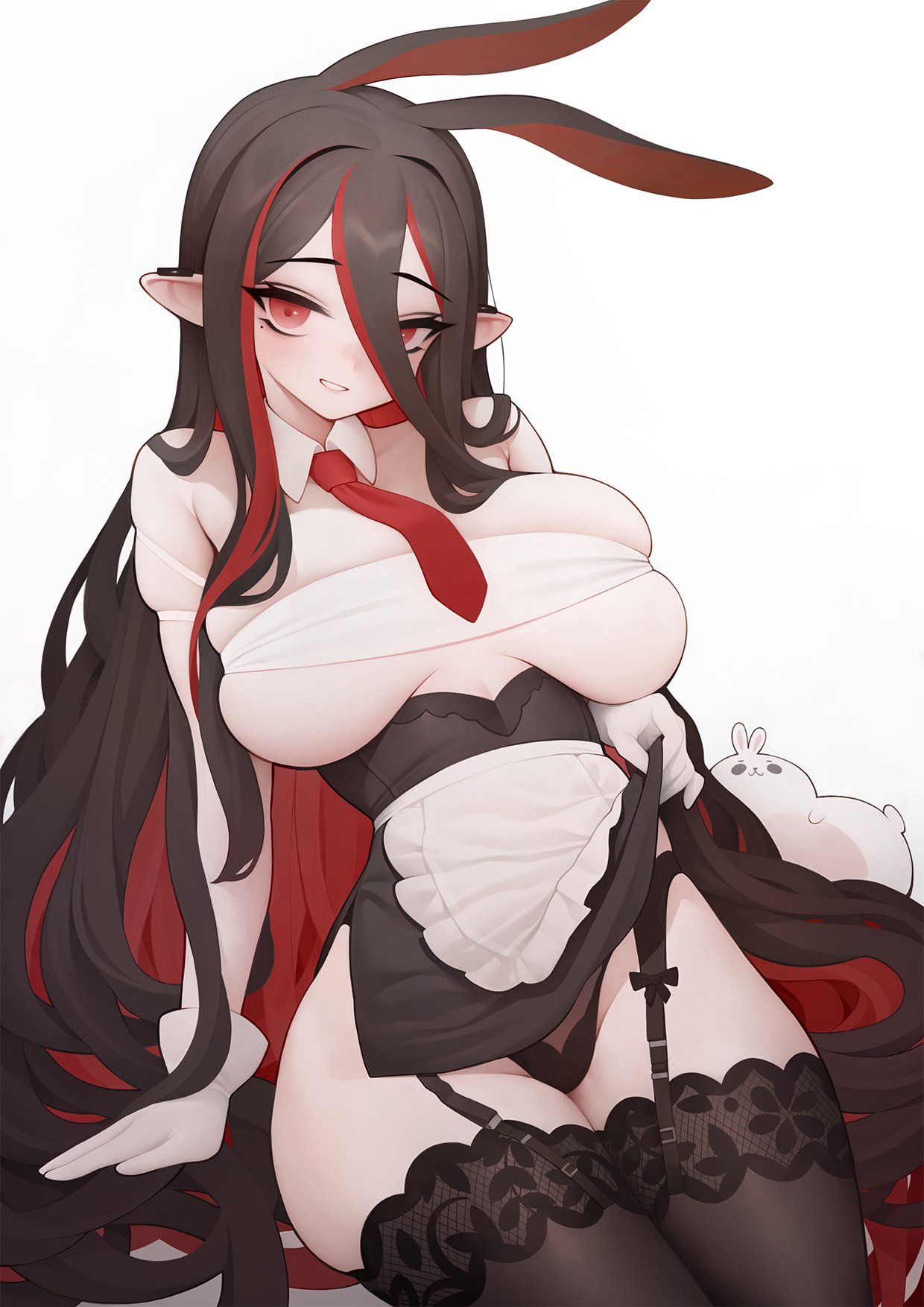 1girl animal animal_ears apron black_hair black_panties black_thighhighs blush breasts clothes_lift garter_belt garter_straps gloves hair_between_eyes hair_over_one_eye highres large_breasts lifted_by_self long_hair looking_at_viewer mole mole_under_eye multicolored_hair necktie original panties parted_lips pointy_ears rabbit rabbit_(wlsdnjs950) rabbit_ears red_eyes red_hair red_necktie simple_background skindentation solo thighhighs underwear very_long_hair waist_apron white_apron white_background white_gloves
