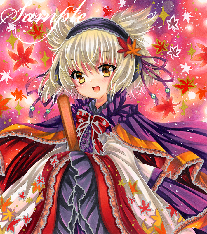 1girl adapted_costume autumn_leaves blonde_hair cape earmuffs frilled_cape hair_ornament hairband holding leaf leaf_hair_ornament leaf_print long_sleeves looking_at_viewer maple_leaf marker_(medium) open_mouth own_hands_together pointy_hair purple_cape purple_ribbon ribbon ritual_baton rui_(sugar3) sample_watermark short_hair sleeves_past_fingers sleeves_past_wrists smile solo touhou toyosatomimi_no_miko traditional_media upper_body watermark wide_sleeves yellow_eyes