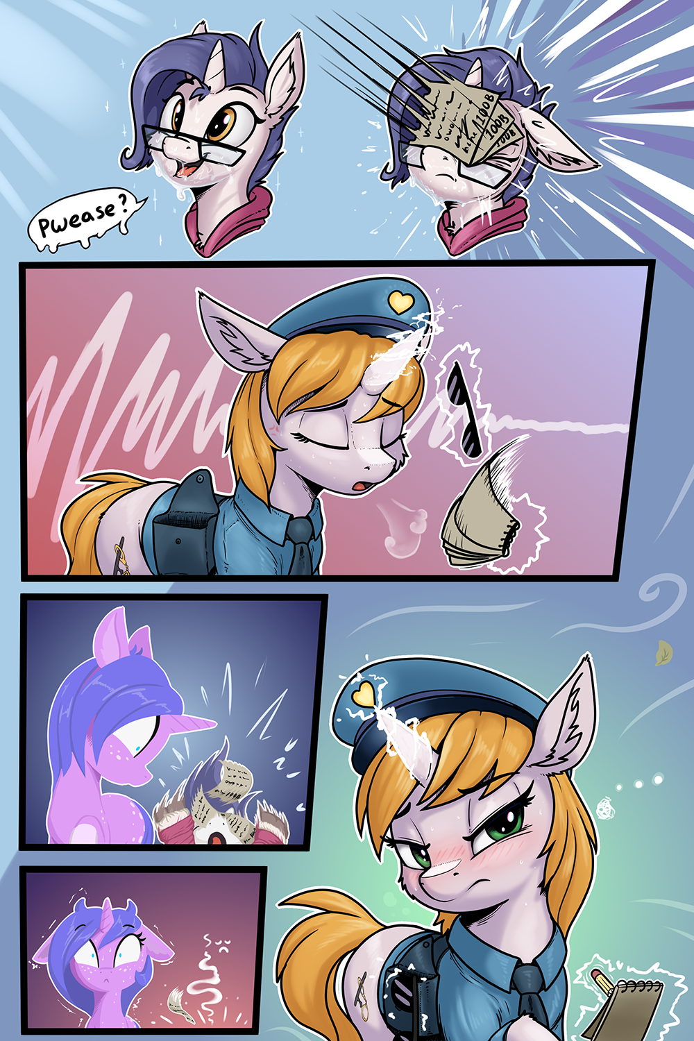 blush bodily_fluids clothing copper_top_(mlp) cutie_mark dialogue digital_media_(artwork) equid equine eyebrows eyelashes eyewear fan_character female feral glasses hasbro hi_res horn mammal my_little_pony notebook open_mouth police_hat police_uniform shydale startrail_(oc) sweat text unicorn uniform yodi_(oc)