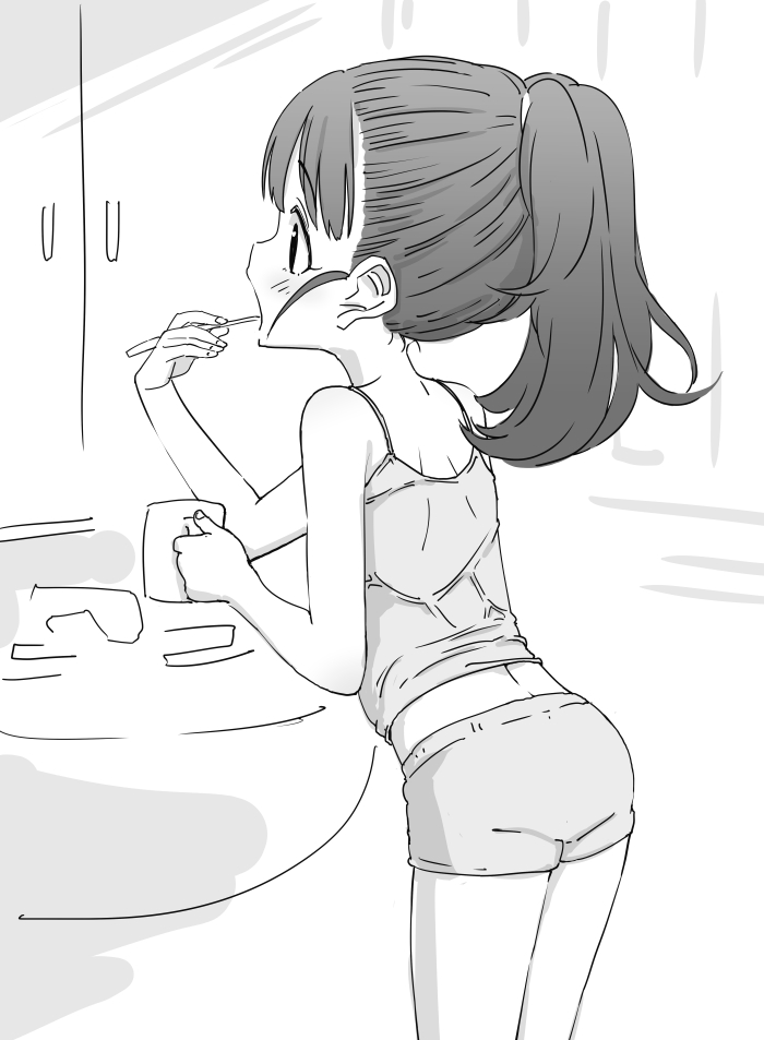 1girl bathroom brushing_teeth commentary_request cup from_behind fukuyama_mai greyscale holding holding_cup idolmaster idolmaster_cinderella_girls indoors long_hair looking_ahead monochrome nishino_hikoji open_mouth ponytail shorts sidelocks simple_background sink solo tank_top